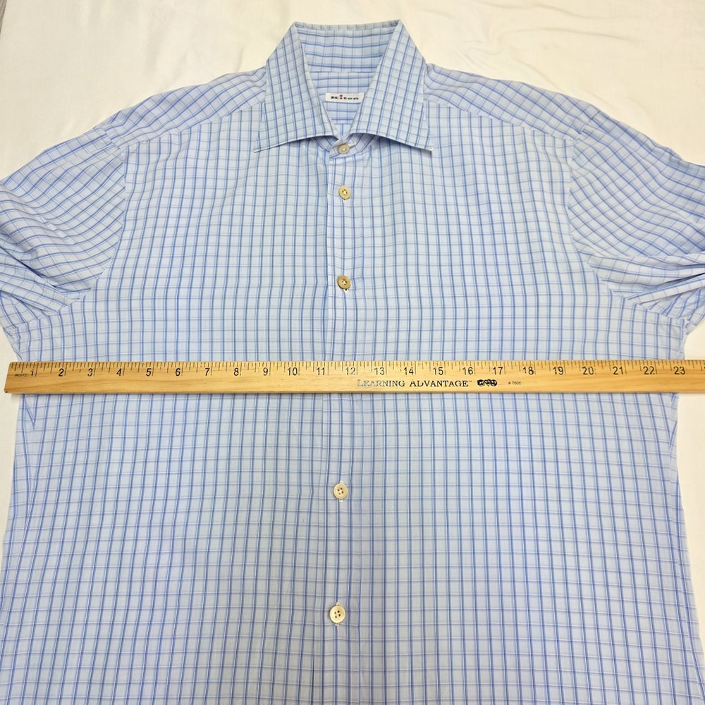 Quiet Luxury Kiton Dress Shirt Men 16.5 / 42 Blue Check Cotton Italy Workwear - Picture 13 of 16
